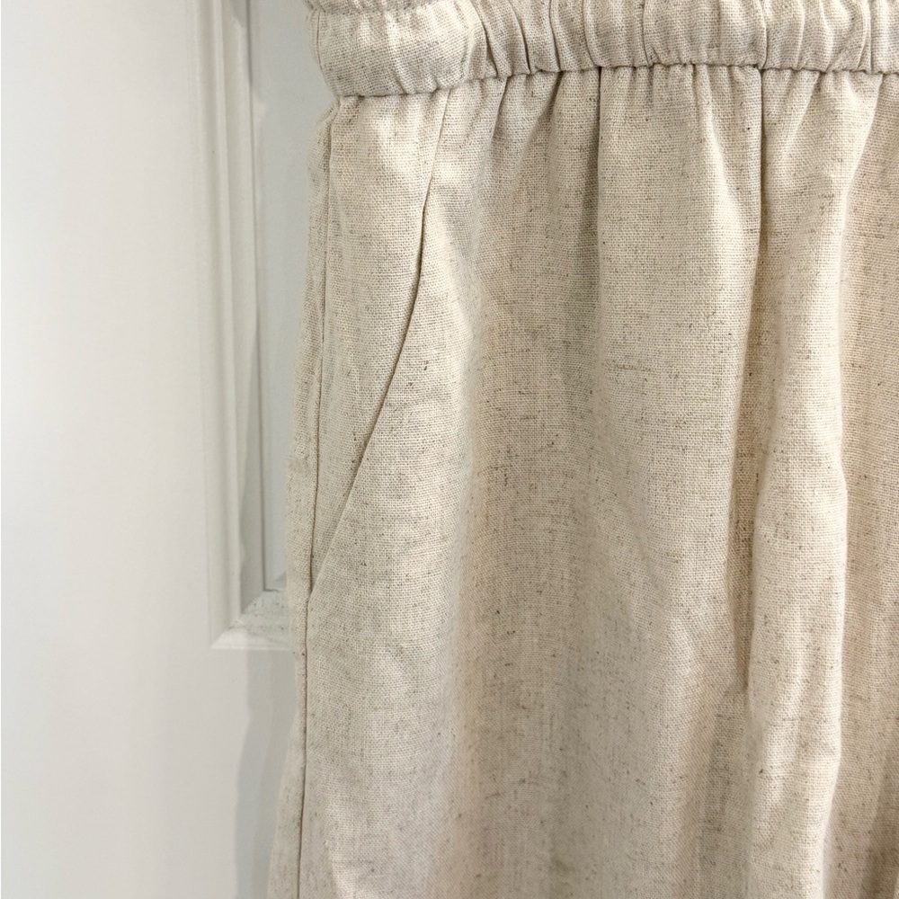 Beige Linen Blend Short Sleeve Romper with Button Front Drawstring Waist Size L - Picture 5 of 9